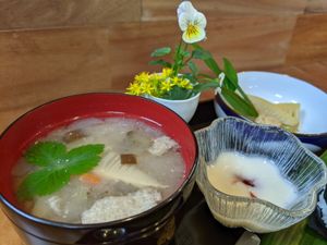 Miso soup, Miki(Japanese yogurt) at Calm Cafe Warm Tree - 穏（おん）Caféあたたかい木 in Yamaga