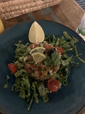 the moroccan salad - mixed veggies with spices and lemon juice sauce  at Windy Bay Café in Taghazout