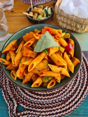 Vegan penne pasta at Windy Bay Café in Taghazout