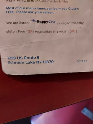 Menu with vegetarian/vegan markings at Trail Break in Schroon Lake