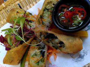 Vegan spring rolls at Giggling Squid in Cambridge