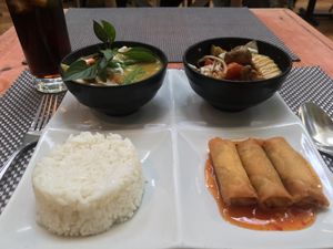 Vegan Tapas (coconut curry, stir fry, rice, spring rolls)  at Giggling Squid in Cambridge