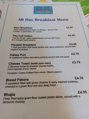 All-day breakfast menu at Desi Street Food in Leicester