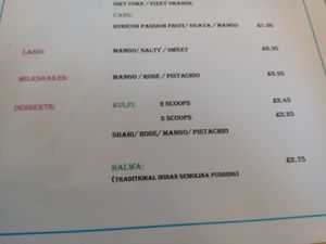Lassi, milkshake and dessert menu at Desi Street Food in Leicester