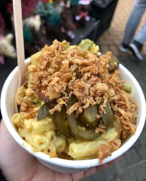 Mac n cheese with pickles jalapeños and crispy onions  at Greedy Vegan in Chelmsford