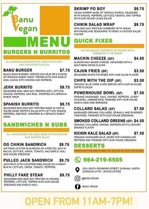 Menu at Banu Vegan in Durham