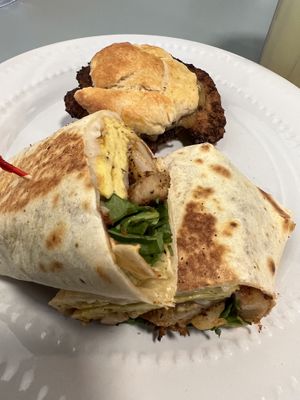Breakfast wrap added shrimp & chicken biscuit with gravy...  at Banu Vegan in Durham