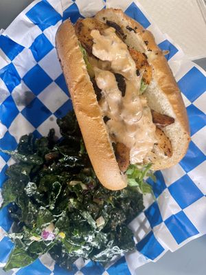Skrimp 🍤 Po Boy with kale salad 😋  at Banu Vegan in Durham