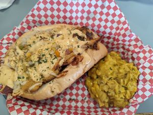 Cheese steak with Mac and cheese at Banu Vegan in Durham