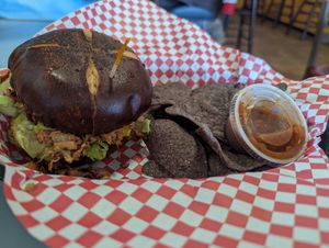 Jackfruit BBQ with chips at Banu Vegan in Durham