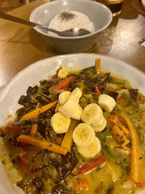 Banana flower curry (the black is the flower)  at Los Telares in La Gomera