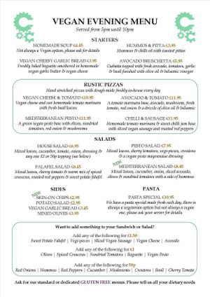 Vegan Evening Menu at Copper Cogs in Long Eaton