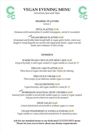Vegan Evening Menu at Copper Cogs in Long Eaton