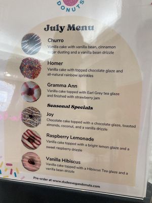 July 2023 menu at Dude's Donuts in Port Orchard