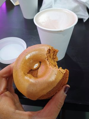 Gingerbread donut and peppermint hot cocoa. Both are superb. at Dude's Donuts in Port Orchard
