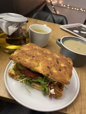 Aloe Vera Tea (12 zl), Daily soup (12 zl), Focaccia (17 zl)  at Turlaj Klopsa - Karmelicka in Krakow