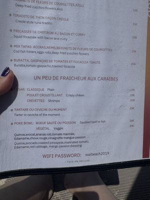 Menu  at Waï Plage in Orient Bay