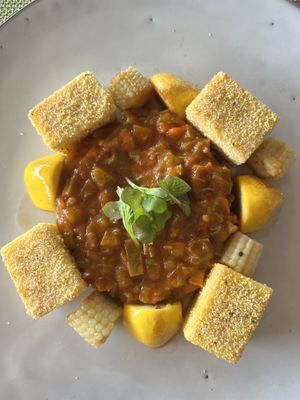 Veggies with polenta tots  at Tortuga Lodge & Gardens in Tortuguero