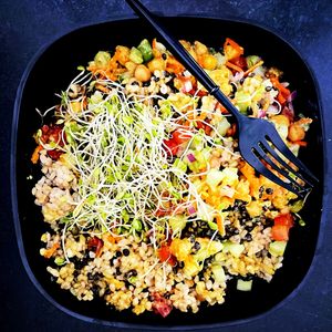 Lentil Goodness Bowl. Vegan As-Is. Organic brown rice, organic lentils, organic garbanzo beans, carrot, cucumber, red onion, tomato, and sprouts, topped with their OG sauce.  at Active Culture in Novato
