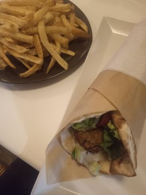 Falafel pita with chips at Corner in Crete