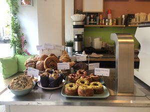 Vegan Pain au Chocolate & Croissants nestling at the back  at Atlas Grinds in North London