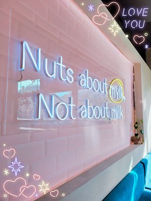 "Nuts about mylk, not about milk" neon sign... very aesthetic. at NUTTEA - North Terrace in Adelaide