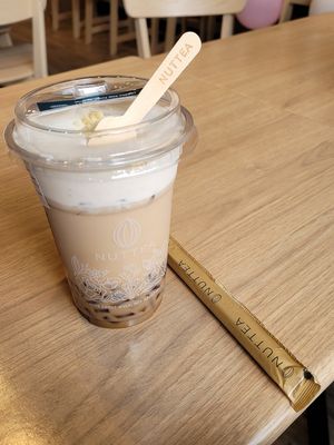 Their regular mylk tea + nutcream and brown sugar jelly. at NUTTEA - North Terrace in Adelaide