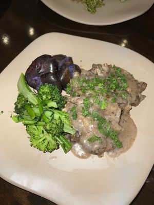 Oyster Mushroom Marsala, with twice-cooked purple potatoes and grilled broccolini 😜  at Mantra Kitchen in Houston