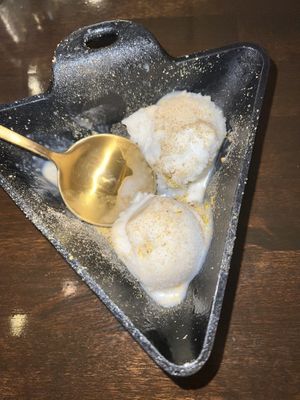 oat mylk ice cream with candied pistachio dust and cardamom (a good option for those who are allergic to nuts— just ask for no pistachios☺️)  at Mantra Kitchen in Houston