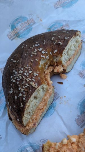 Salted bagel with veggie cream cheese at Siegel's Bagelmania in Las Vegas