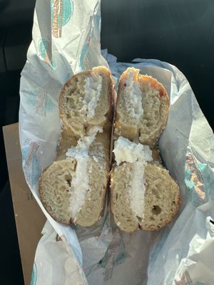 Toasted salt bagel with cream cheese  at Siegel's Bagelmania in Las Vegas