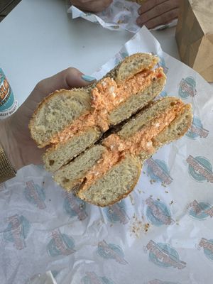 Vegan veggie cream cheese on a sesame bagel  at Siegel's Bagelmania in Las Vegas