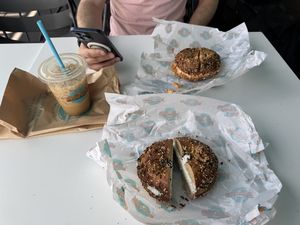 Everything bagels with veggie & regular vegan cream cheese. Oat vanilla iced latte   at Siegel's Bagelmania in Las Vegas