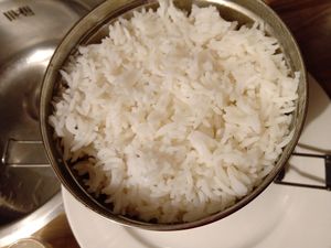 From the sweet potato peanut rendang menu: 'A fluffly basmati rice' at Dabba Dinner in Nijmegen