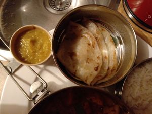 From the sweet potato peanut rendang menu: 'A paratha served with a spicy banana sambal' at Dabba Dinner in Nijmegen