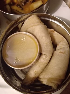 From the roti menu: 'fresh roti plate and spicy madamme-jeanette picalilli' at Dabba Dinner in Nijmegen