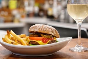 Vegan: Classic Impossible Cheeseburger & Fries with Sauvignon Blanc from Full Bar  at Coco Bistro & Bar in Chapel Hill