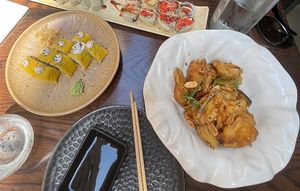 vegan roll on the left and the aubergine fritter on the right  at AKI in Valletta