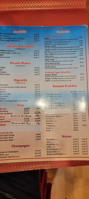 Drink menu at SP Restaurant in Bourges