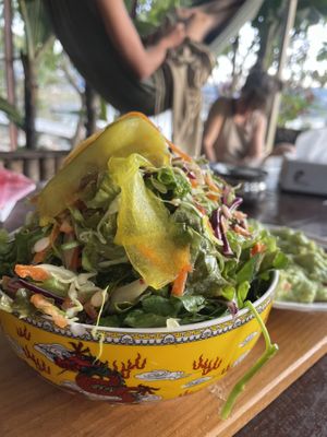 Super green garden salad with pickled cucumber on top. Super tasty!  at Vegan Way in Pokhara