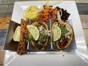 Birria, al pastor, and asada tacos.  Rice was very tasty too!  at Yumz in South Salt Lake