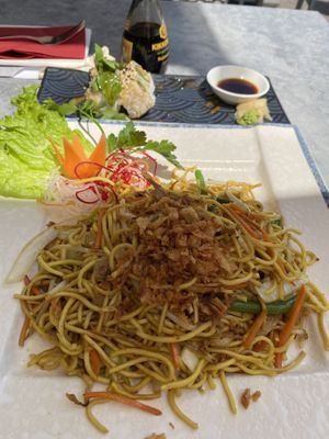 Fried noodles with ‘chicken’ and vegetables and ‘chicken’ sushi  at My Hao in Nuremberg