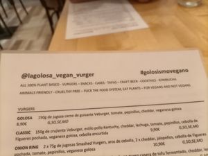 Carta at La Golosa Vegan Vurger - Gracia in Barcelona