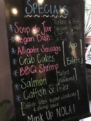 Vegan dish listed on sign at entrance at Gumbo Shop in New Orleans