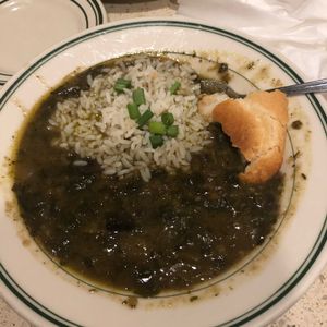 Tastes better than it looks! Z’herbes gumbo at Gumbo Shop in New Orleans