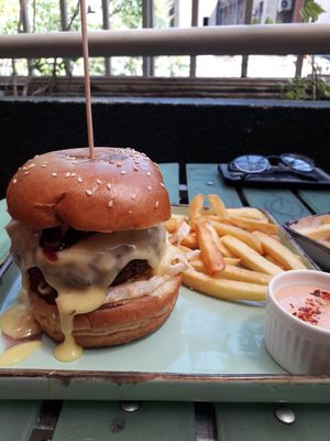 Vegan cheeseburger with fries at Prinz Bar in Tbilisi