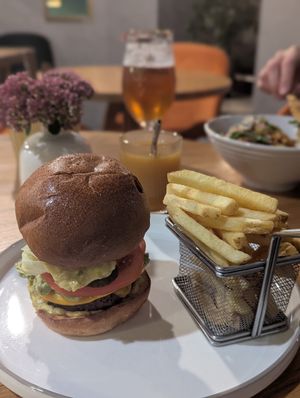 Beyond burger with fries at Esi Cafe in Sigulda