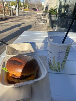 Vegan OG Burger with Beautiful (Oatly) Smoothie  at RawASF in Fremont