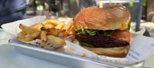 Beet burger and friess  at RawASF in Fremont