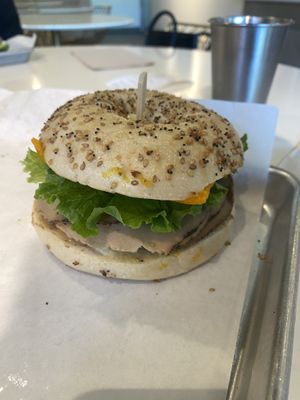 Koji Turkey and Cheeeeese Bagel 🥯 Yummy and not overly filling.   at RawASF in Fremont